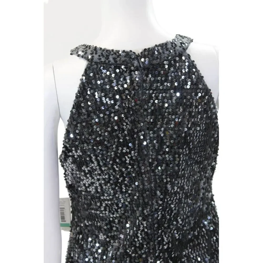 N W Night Way High Neck Sleeveless Sequin Mini Dress Silver Size 8P